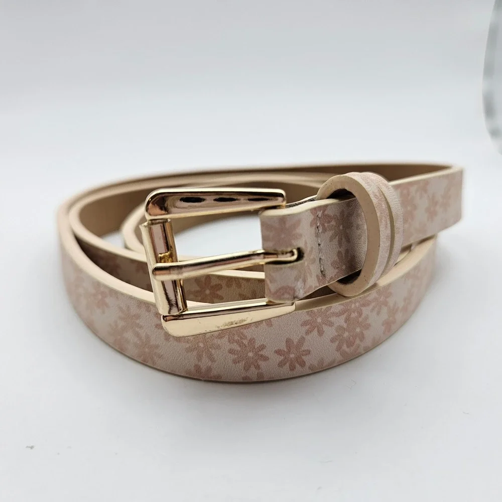 LC Lauren Conrad Pink Floral Daisy Skinny Belt Gold Tone Buckle Cream Large